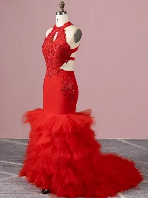 beaded red mermaid prom dress with ruffled train