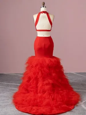 gorgeous ruffled train red mermaid prom dress