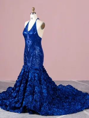 royal blue sequin and 3D rosettes halter V neck long prom dress royal blue sequin and 3D rosettes halter V neck long prom dress