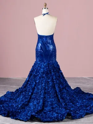 royal blue sequin and 3D rosettes long prom dress with straps royal blue sequin and 3D rosettes long prom dress with straps