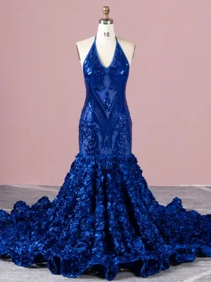 royal blue sheer sequin and 3D rosettes mermaid long prom dress royal blue sheer sequin and 3D rosettes mermaid long prom dress