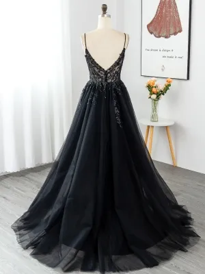 black beaded lace and tulle A line prom dress