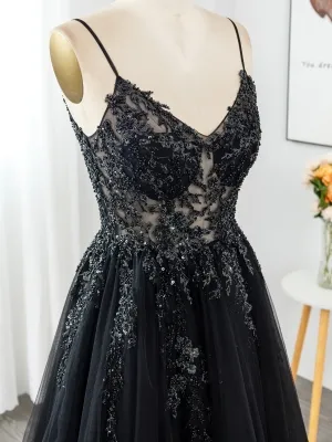 illusion beaded V neck black prom dress
