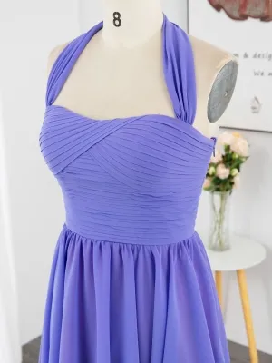 pleated purple chiffon halter short dress