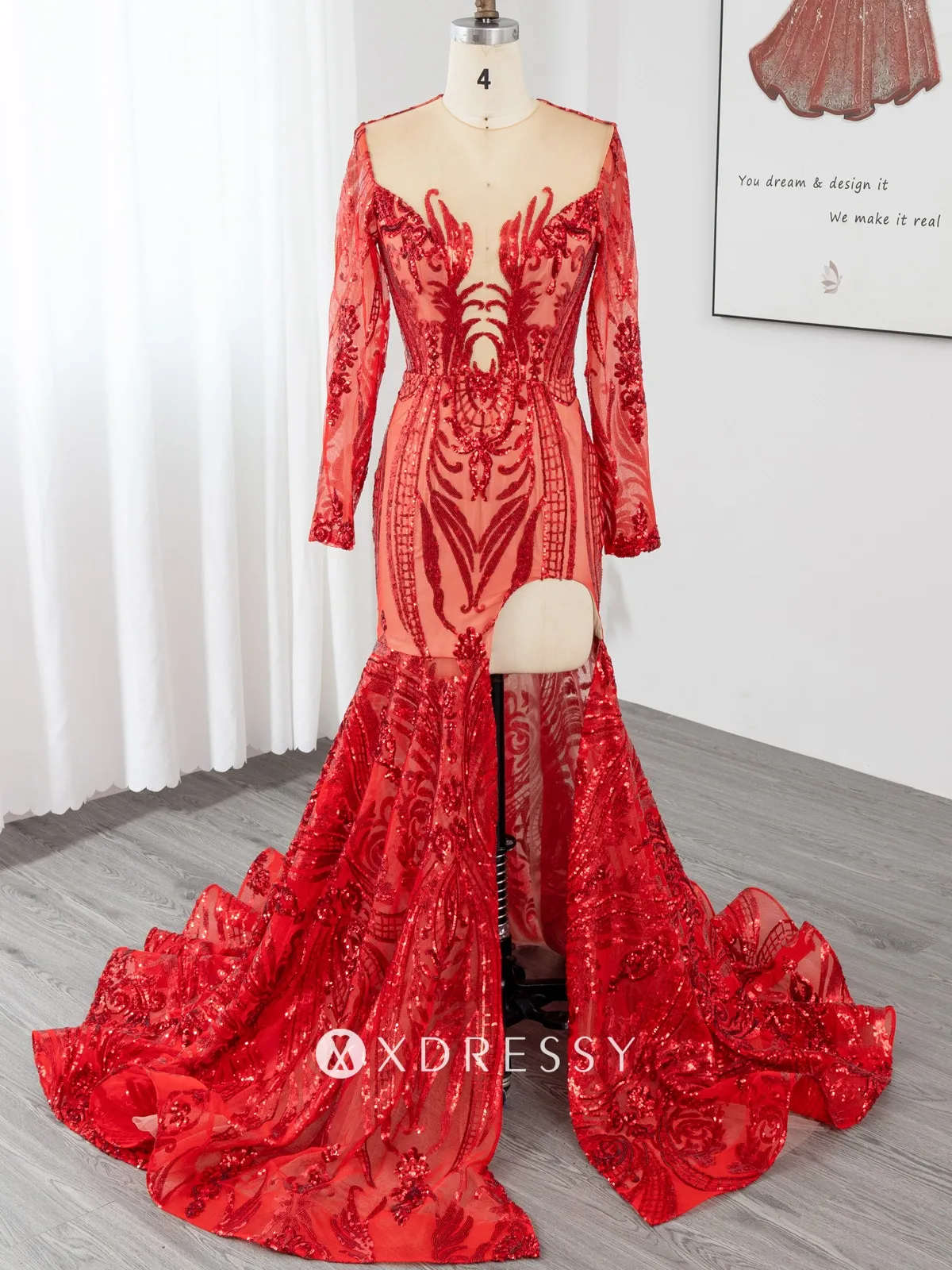 abstract pattern red sequin mermaid African American prom dress