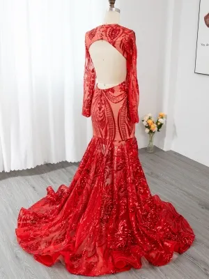 abstract pattern red sequin open back mermaid prom dress