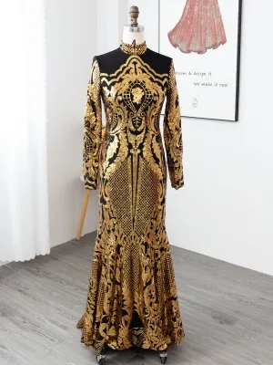 elegant high neck black gold sequin mermaid prom dress