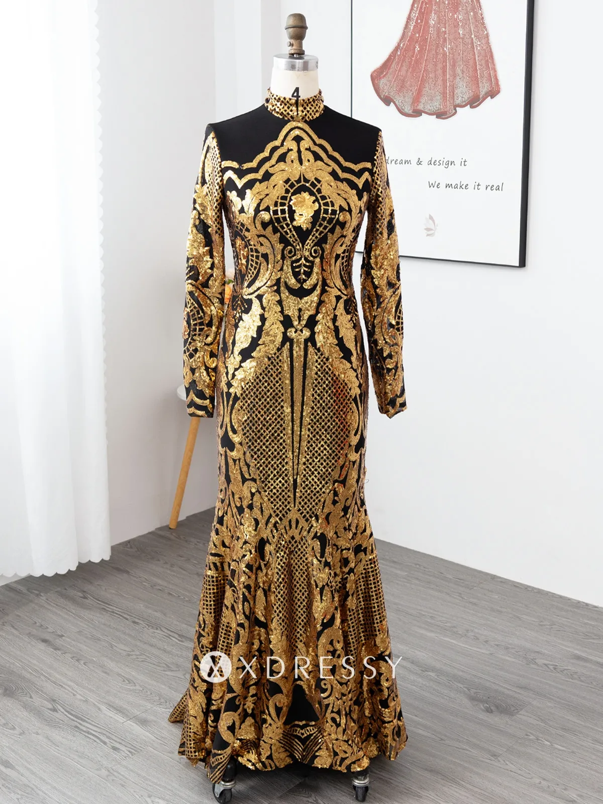 elegant high neck black gold sequin mermaid prom dress