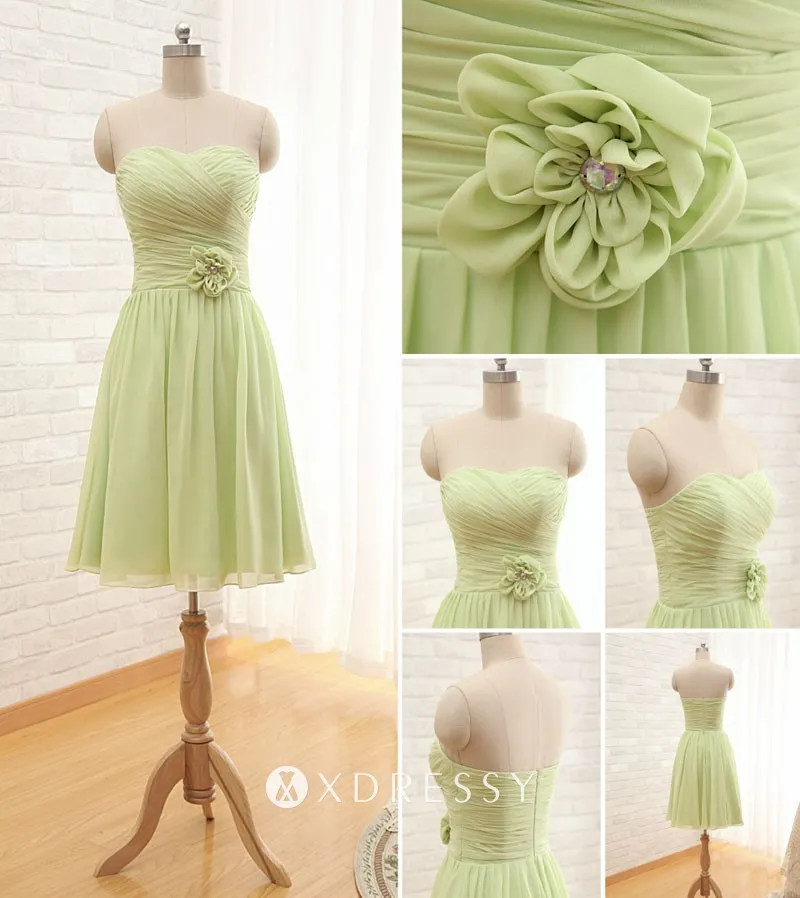 3D flower knee length pleated apple green bridesmaid dress 3D flower knee length pleated apple green bridesmaid dress