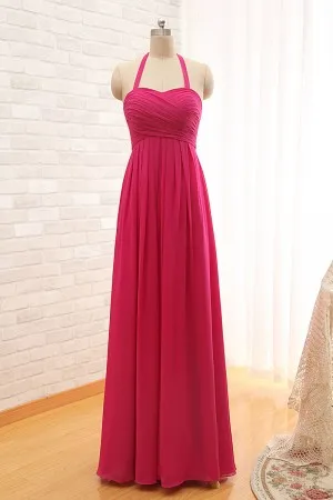 empire waist hot pink ruched long bridesmaid dress