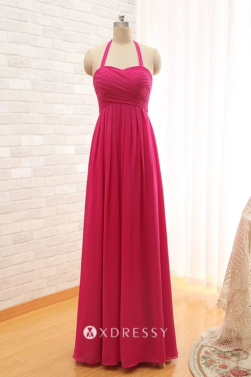 empire waist hot pink ruched long bridesmaid dress