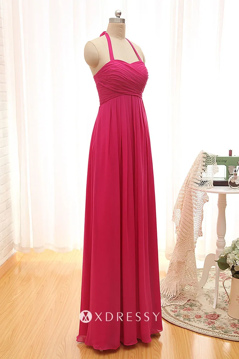 halter strap empire waist hot pink ruched long bridesmaid dress