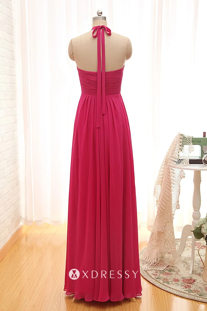 low back empire waist hot pink ruched long bridesmaid dress
