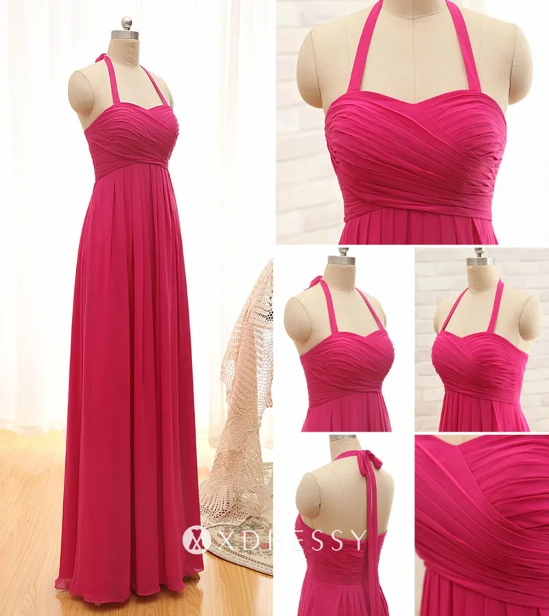 wide halter strap empire waist hot pink ruched long bridesmaid dress