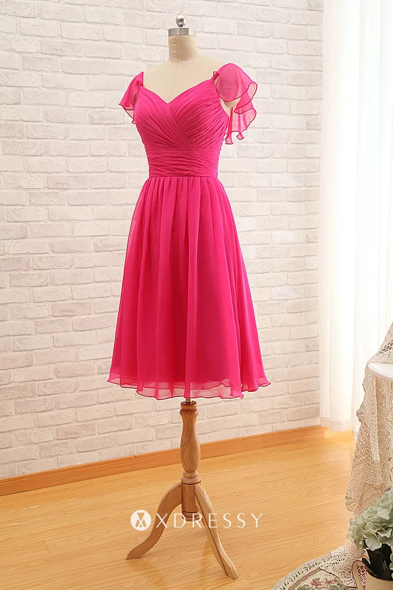 V neck cap sleeve ruched fuchsia chiffon short bridesmaid dress