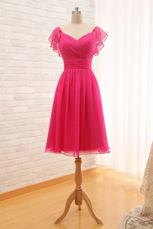 cap sleeve ruched fuchsia short bridesmaid dress