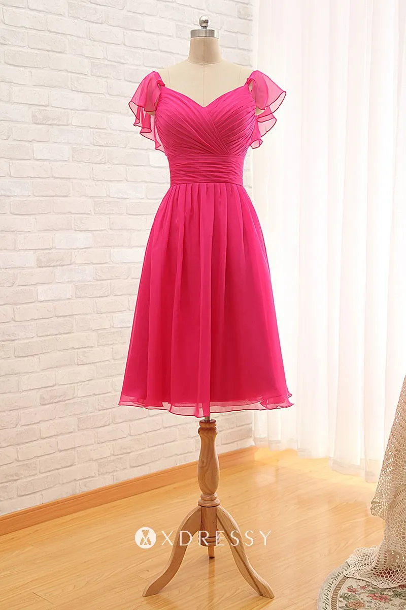 cap sleeve ruched fuchsia short bridesmaid dress