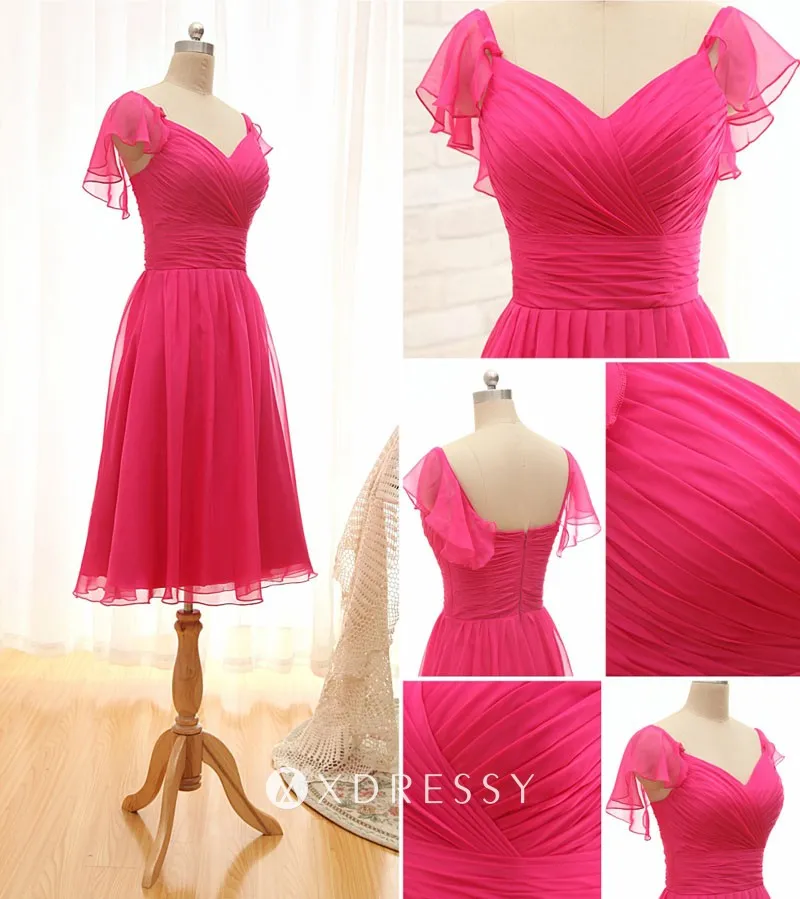 feminine ruffled cap sleeve ruched fuchsia short bridesmaid dress