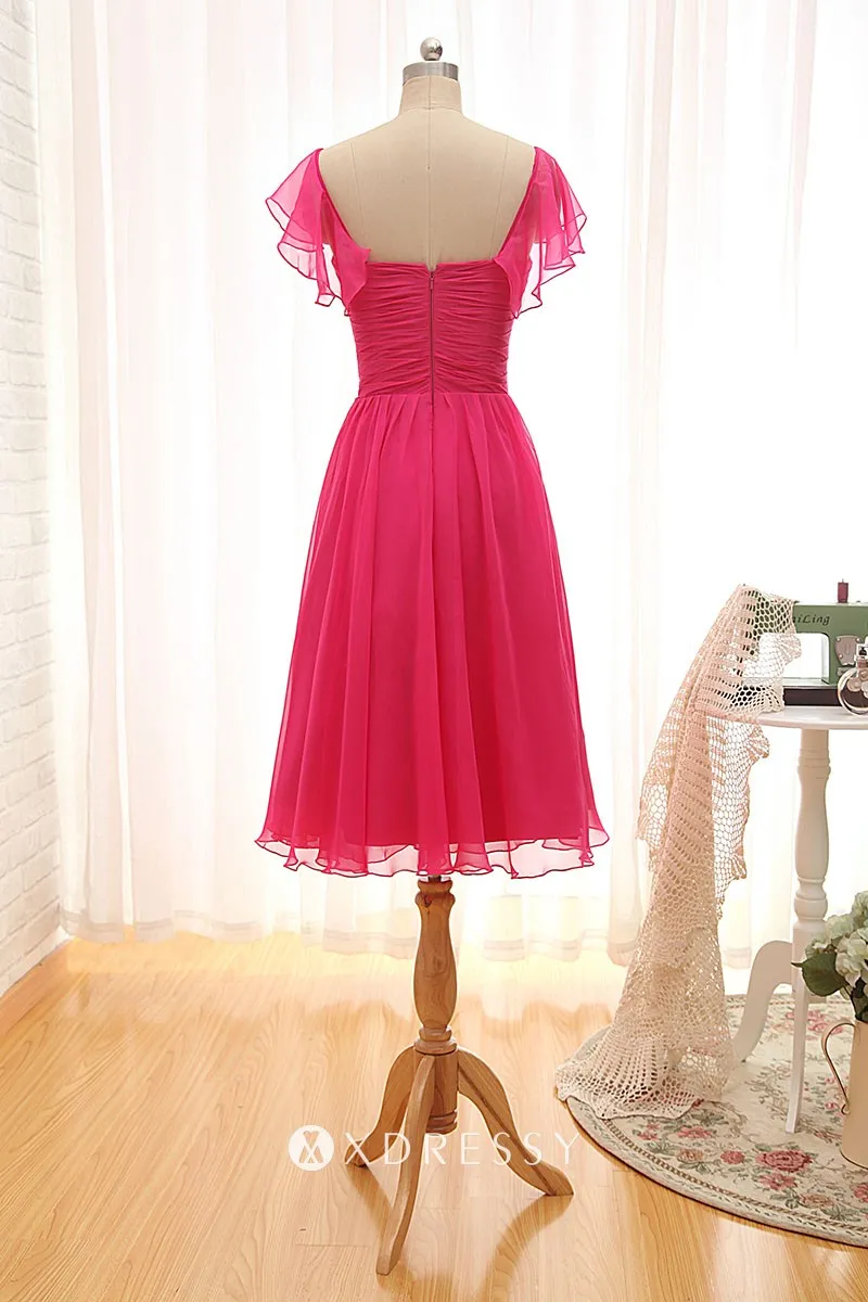 low back cap sleeve ruched fuchsia short bridesmaid dress