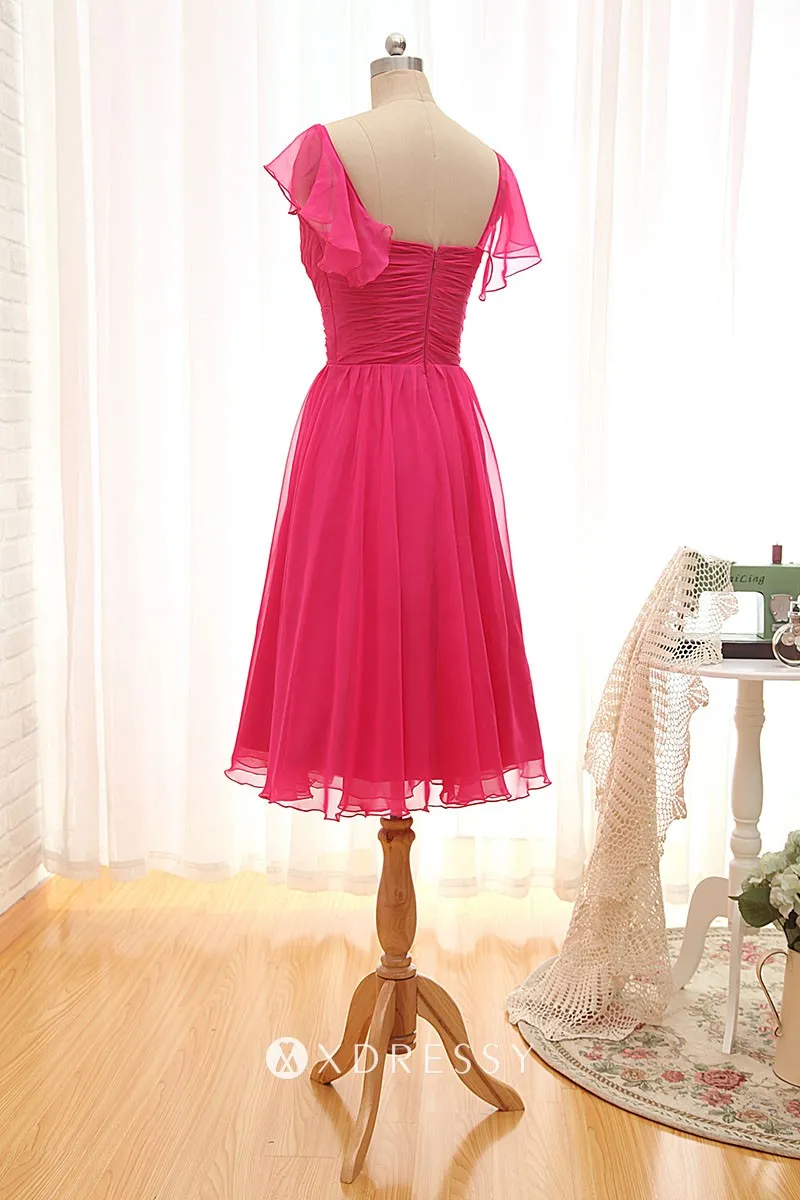 short cap sleeve ruched fuchsia bridesmaid dress