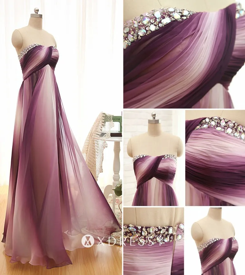unique ombre purple beaded empire waist bridesmaid dress