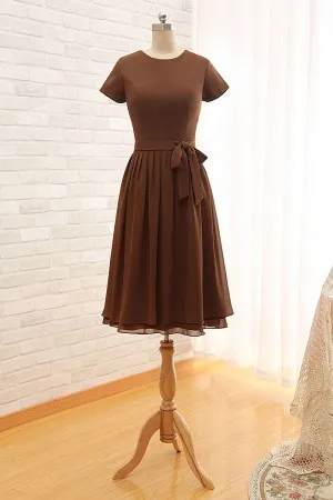 knee length jewel neck chocolate bridesmaid dress