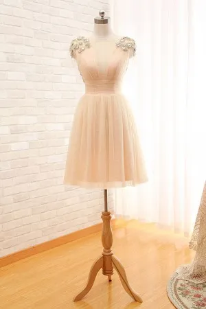 diamond embellished blushing pink tulle short cute bridesmaid dress