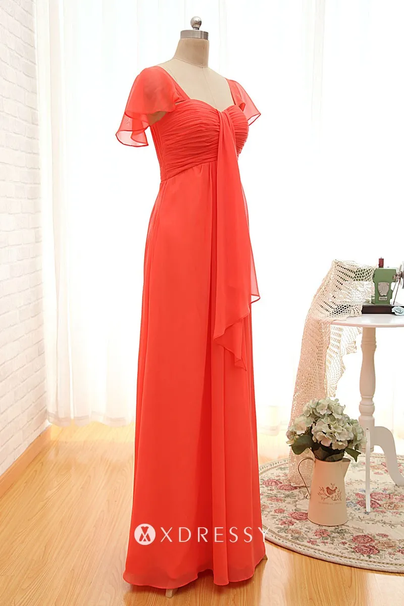 cap sleeve orange red long bridesmaid gown
