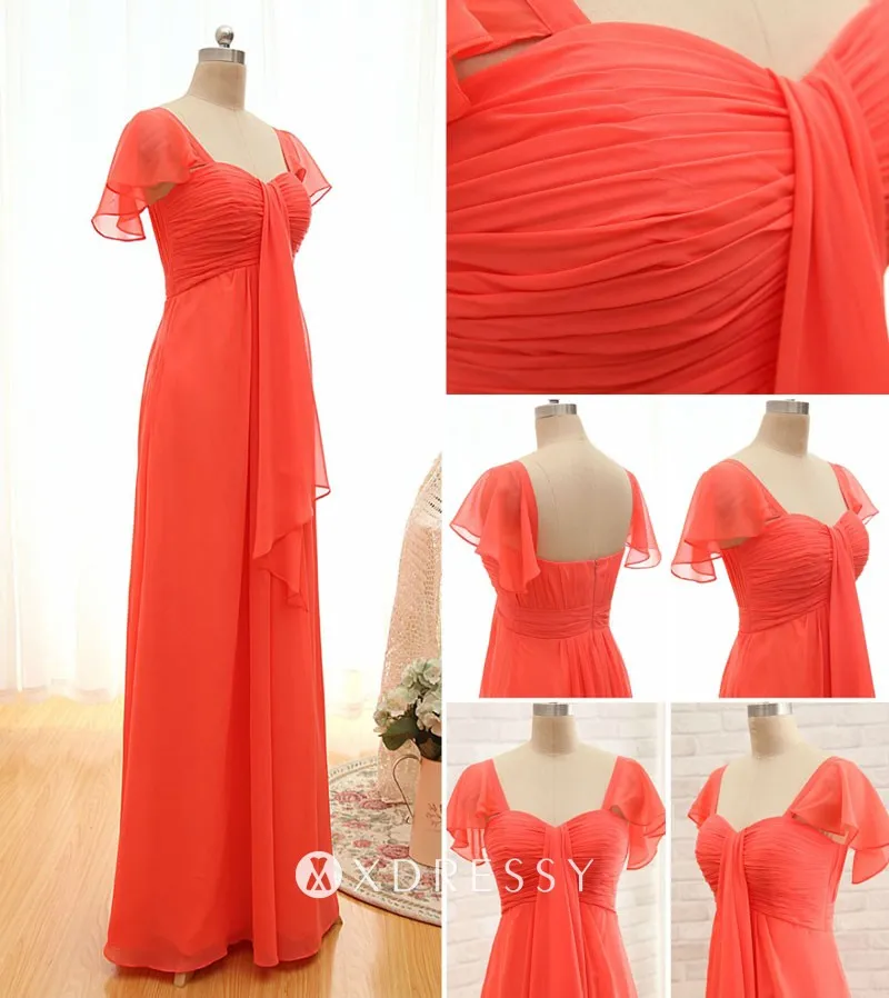 flowy ruffled cap sleeve orange red long bridesmaid gown