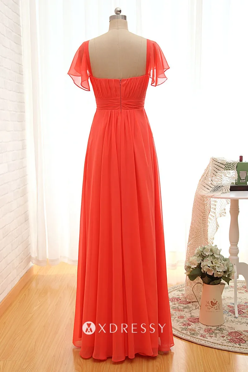 low back ruffled cap sleeve orange red long bridesmaid gown