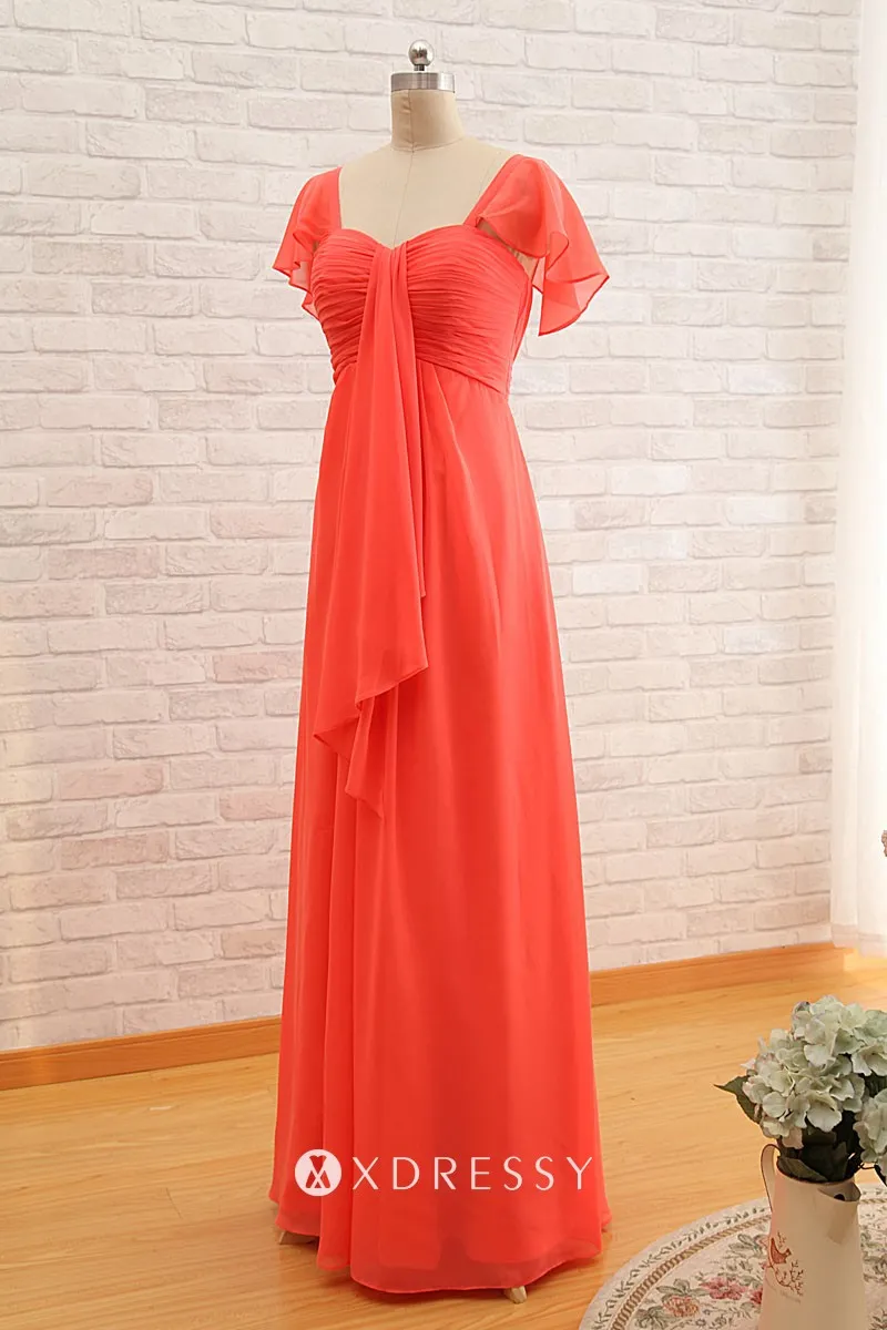 pleated sweetheart ruffled cap sleeve orange red long bridesmaid gown