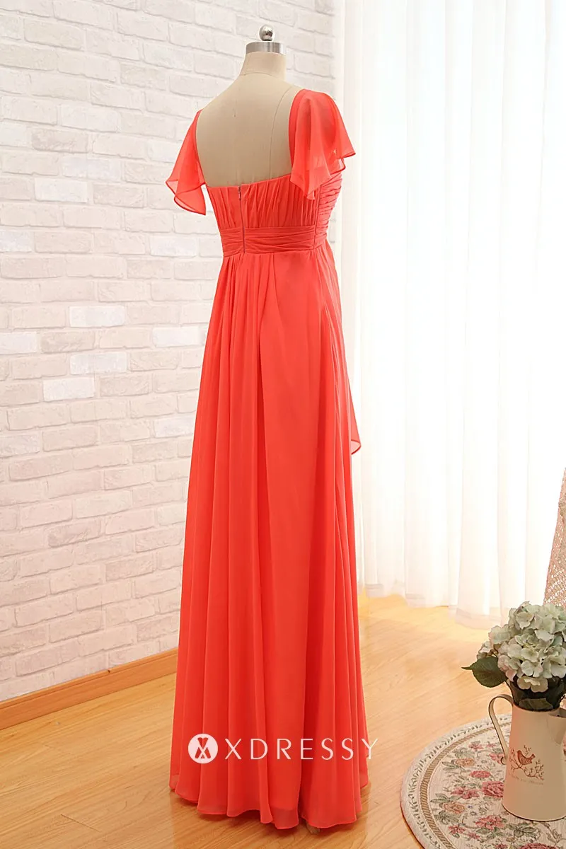 ruffled cap sleeve orange red chiffon long bridesmaid gown