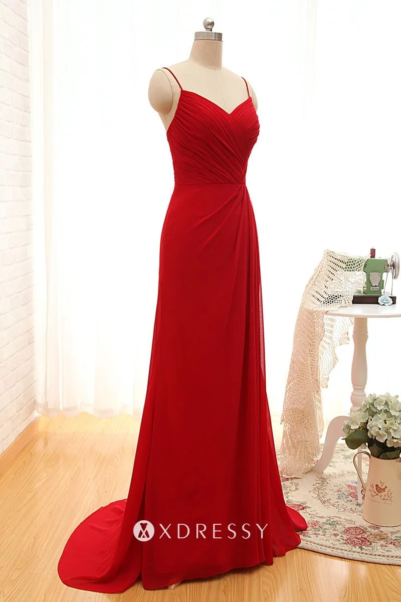 V neck asymmetrical pleated red chiffon bridesmaid dress V neck asymmetrical pleated red chiffon bridesmaid dress