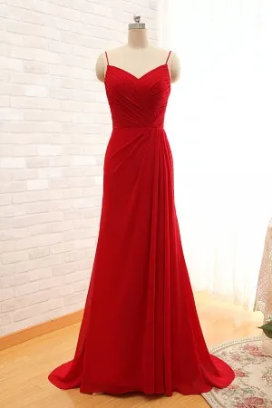 asymmetrical pleated red chiffon bridesmaid dress
