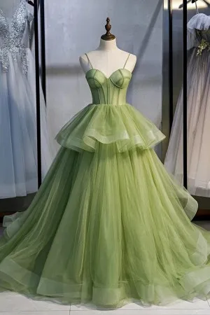 cute grass green tulle corset tiered prom ball gown