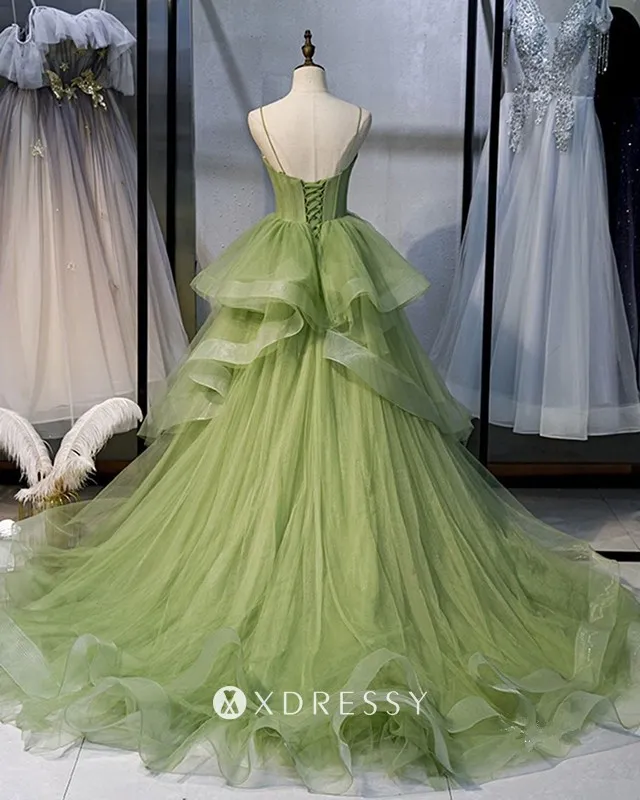 grass green tulle tiered prom ball gown with medium train grass green tulle tiered prom ball gown with medium train