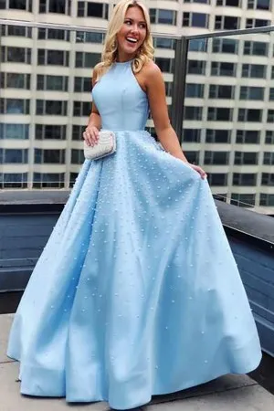 Pearls embellished sky blue satin puffy prom dress