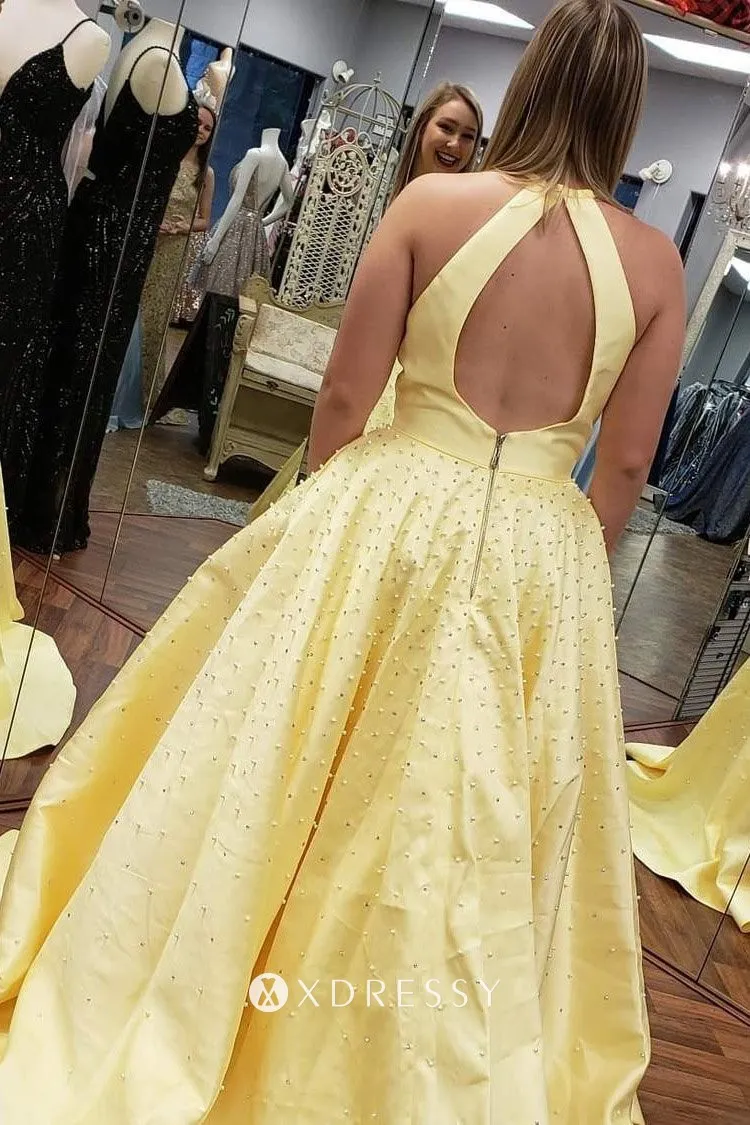 open back Pearls embellished yellow prom dress open back Pearls embellished yellow prom dress