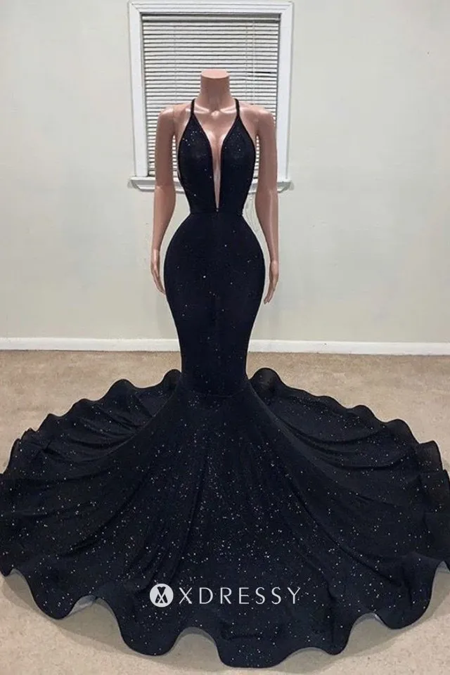 Shining Glitter Black Long Train Mermaid Prom Dress Xdressy