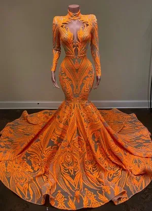 fashion orange sequin mermaid long train prom dress