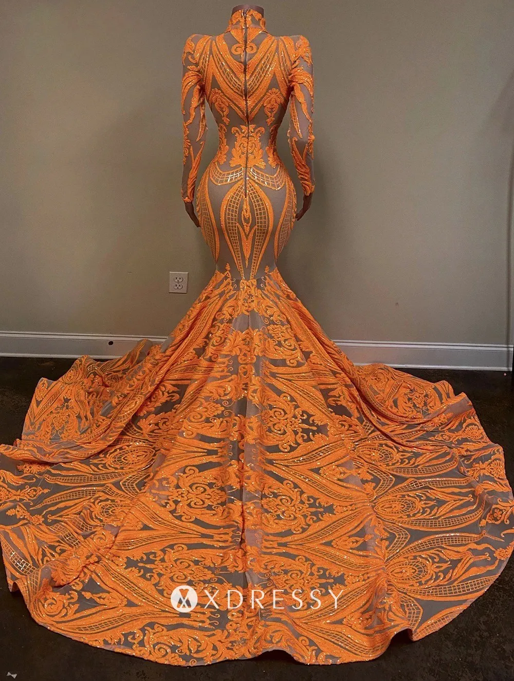 orange sequin mermaid long sleeve long train African American prom dress orange sequin mermaid long sleeve long train African American prom dress