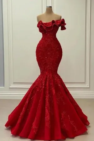 Enticing Red Ruffled Neckline Beaded Trumpet Prom Dress