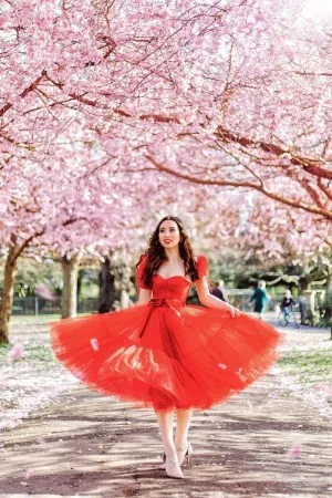 short puff sleeve red glitter tulle tea length dress