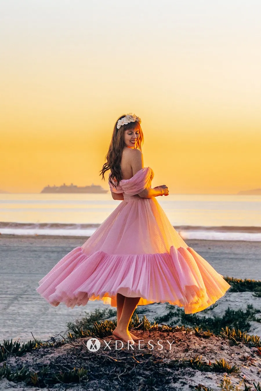 candy pink tiered dot tulle tea length A line homecoming party dress candy pink tiered dot tulle tea length A line homecoming party dress