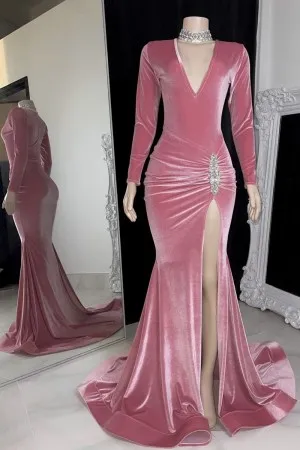 beaded pink velvet side draped long sleeve prom dress