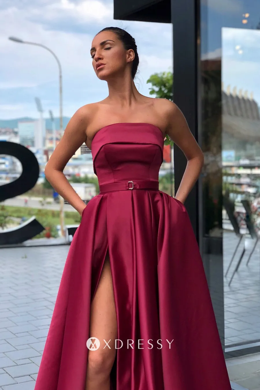 maroon strapless a line long satin slit prom formal dress maroon strapless a line long satin slit prom formal dress