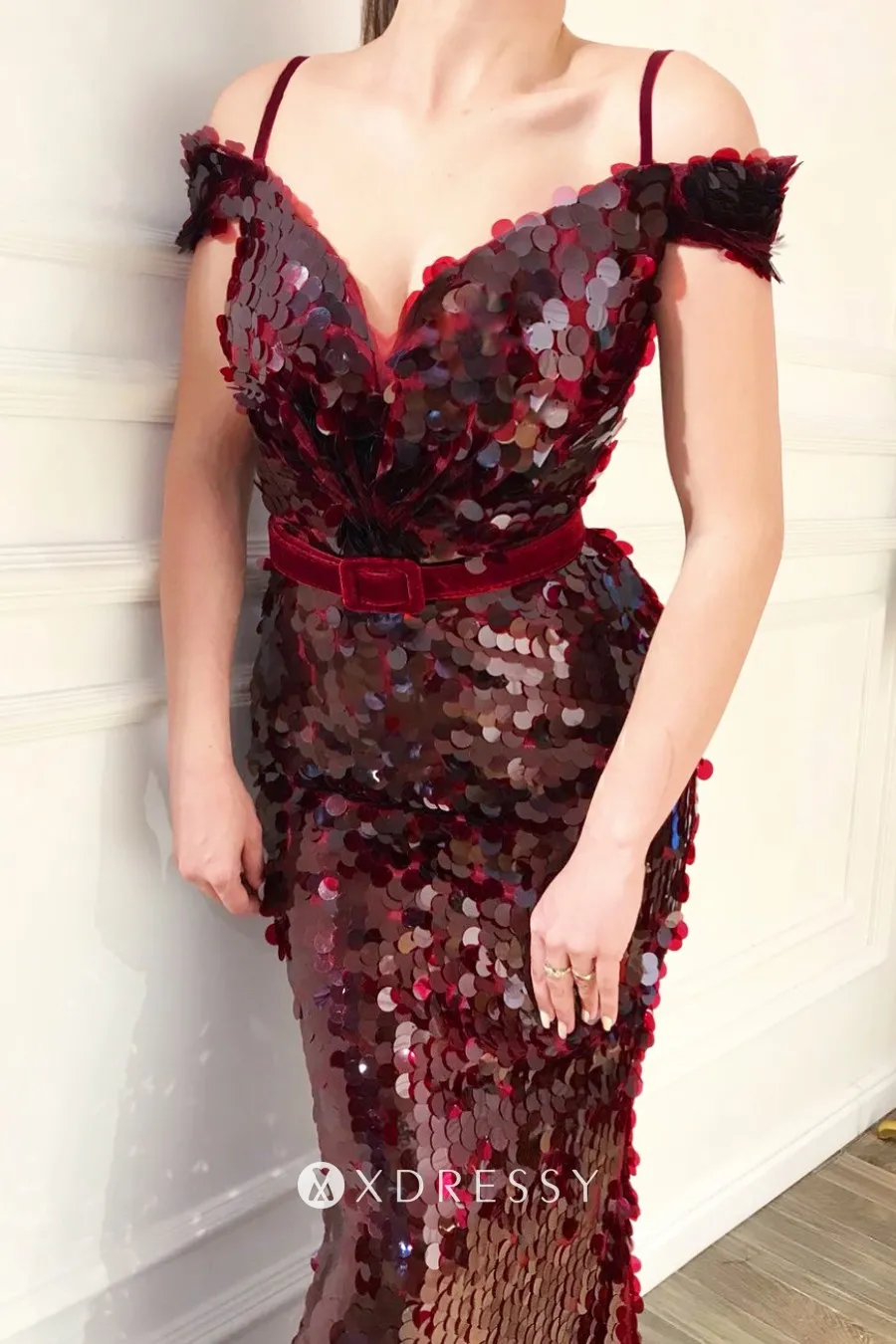 sparkly burgundy big fish scale sequin cold shoulder mermaid prom formal dress