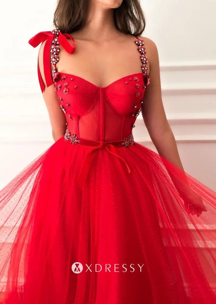 red dotted tulle sweetheart a line long beaded straps cute prom party dress