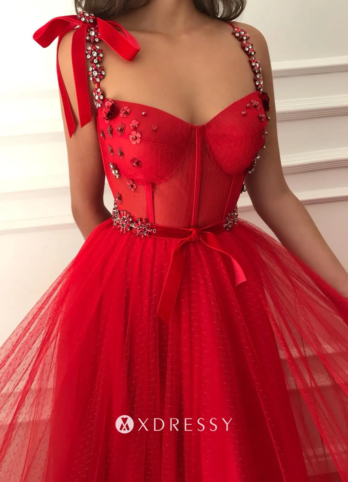 red dotted tulle sweetheart beaded straps prom dress