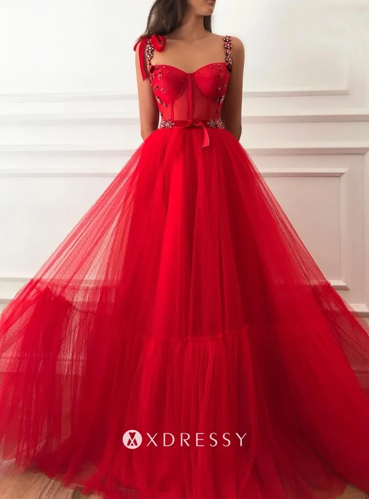 stunning red dotted tulle sweetheart neckline crystals beaded straps A line long prom party dress